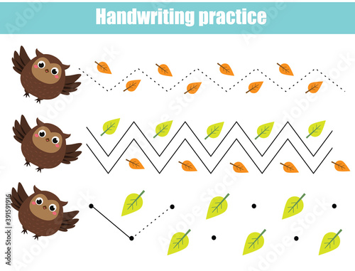 Owl fly. Handwriting practice sheet. Educational children game. Tracing lines for kids and toddlers