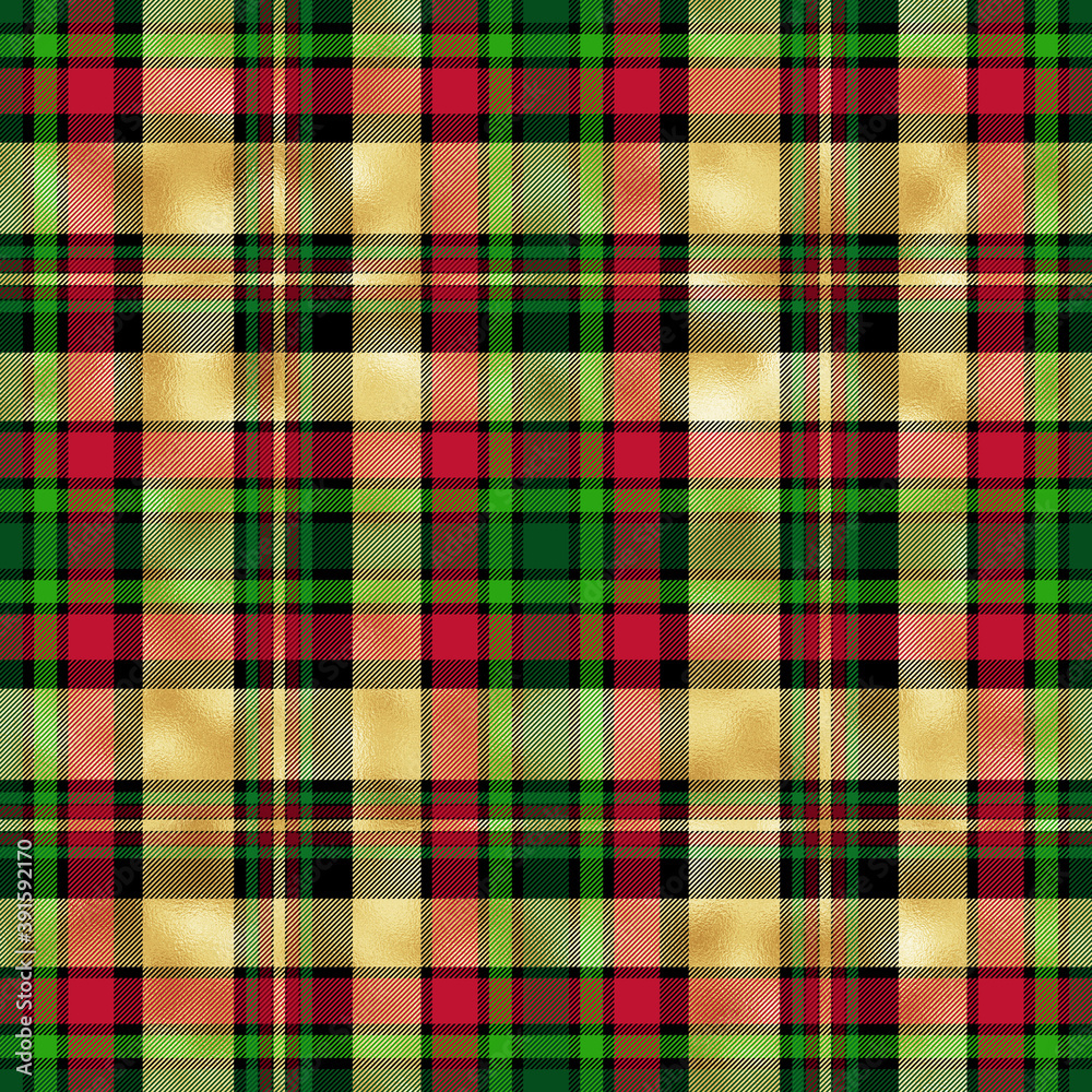 Christmas Plaid Seamless Pattern - Winter holiday plaid repeating pattern design with gold foil texture accents