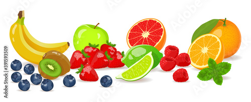 Fresh fruits and berries. Fresh fruits, natural food, healthy eating, detox, vegan concept. Isolated vector illustration for banner, poster, cover.