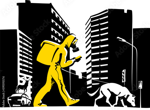 Delivery man in respirator with a dog in an empty city