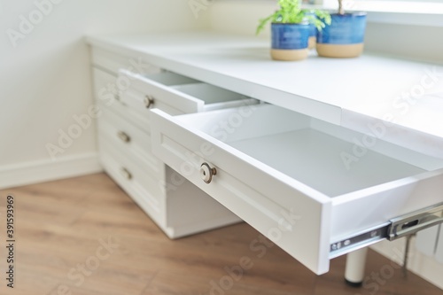 Billede på lærred Furniture, white table, open top secretaire drawer.