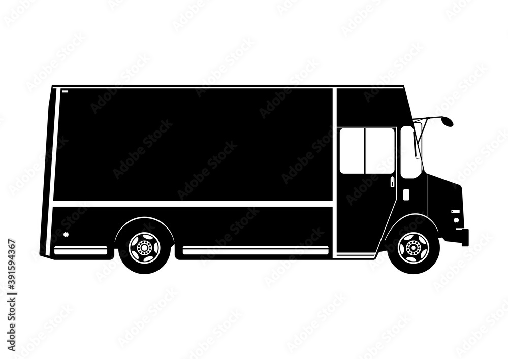 Delivery van. Courier truck silhouette in black and white shape. Flat vector. Delivery van. Courier truck silhouette in black and white shape. Flat vector.