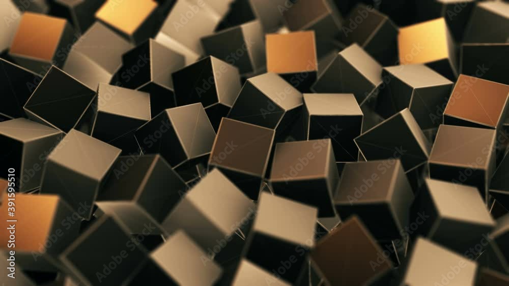 Golden brown cubes rotating in space geometric minimalist background 3D video Golden brown cubes rotating in space geometric minimalist background 3D video