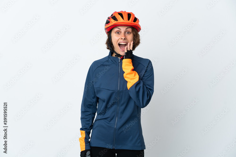 Young English cyclist woman isolated on white background with surprise and shocked facial expression Young English cyclist woman isolated on white background with surprise and shocked facial expression