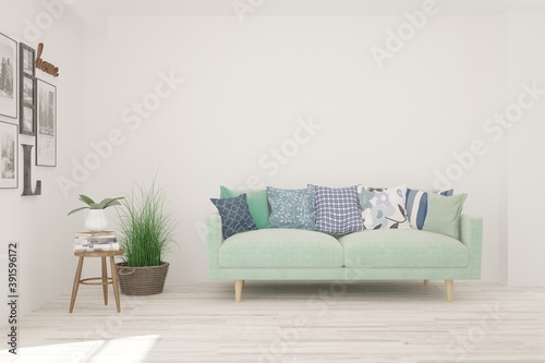 Fototapeta Naklejka Na Ścianę i Meble -  White living room with sofa. Scandinavian interior design. 3D illustration