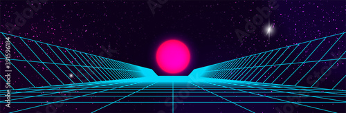 Synthwave background. 80s retro sun with grid. Wide retrowave vector poster. Pink and cyan blue colors
