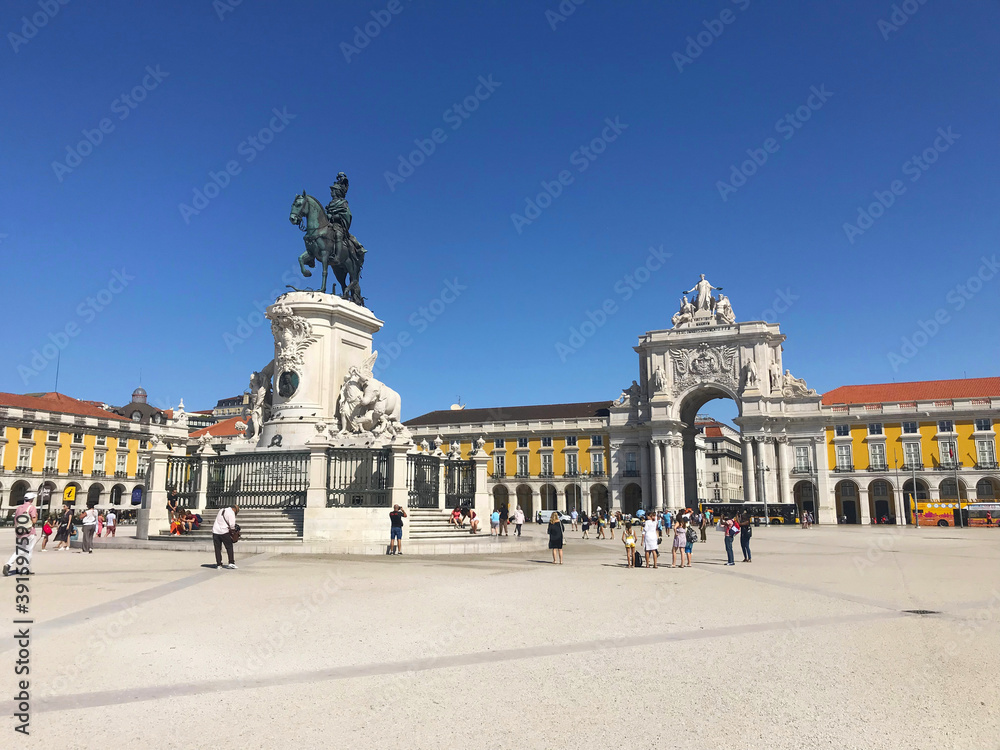 Praca do Comercio Square and statue of King in Lisbon, Portugal