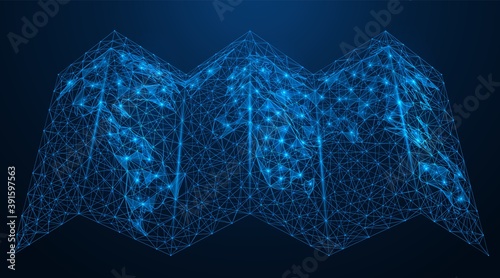 Low-poly map of the world. Polygonal construction of concatenated lines and points. Blue background.