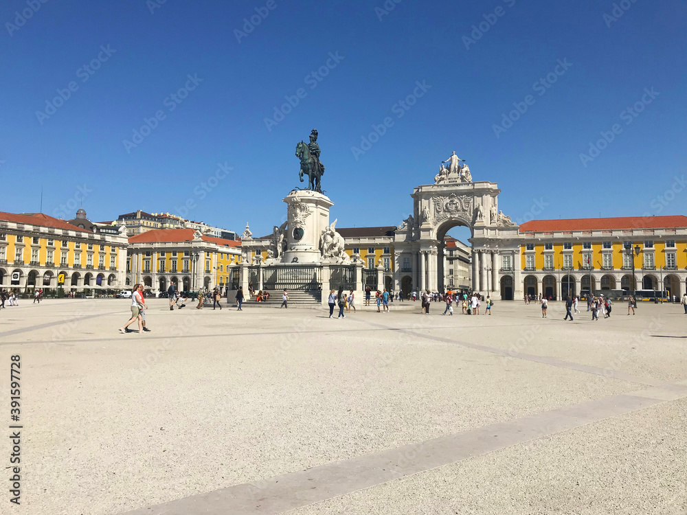Praca do Comercio Square and statue of King in Lisbon, Portugal