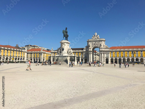 Praca do Comercio Square and statue of King in Lisbon, Portugal