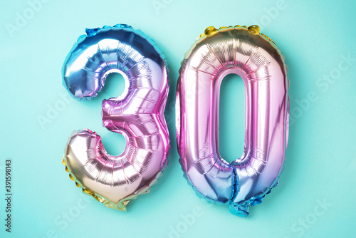 Obraz na plátne Rainbow foil balloon number, digit thirty