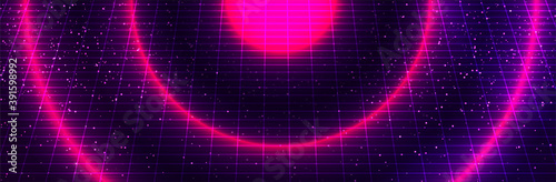 Synthwave grid template. Dark sky with stars. Pink neon light. 80s vector background