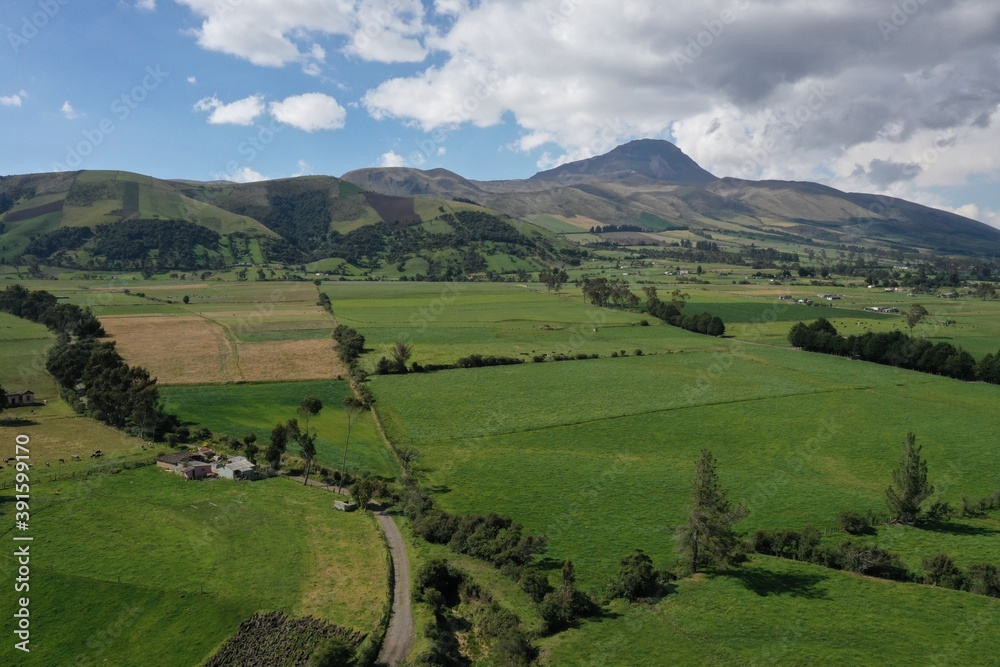 Aerial view of an agriculture landscape with many farms that have lush green meadows and mountains in the background