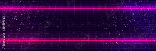 Synthwave grid template. Dark sky with stars. Pink horizontal neon light. 80s vector background photo