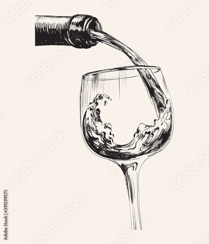 A Stream of Wine. Bottle And Glass. Hand Drawn Sketch Vector illustration. photo