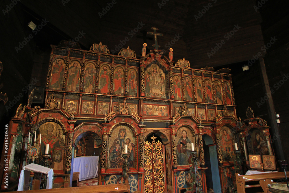Iconostasis of old orthodox wooden church in Ladomirova, Slovakia