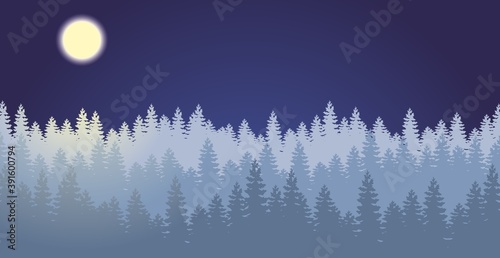 Winter, New Year's forest landscape. A large full moon in a dark sky. Festive Christmas vector background. Silhouette of a forest panorama