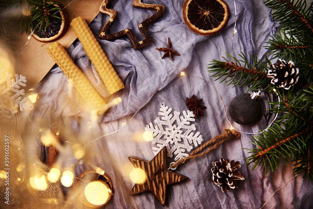 Fototapeta premium Christmas and New Year background. Composition with christmas decorations, top view