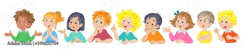 A group of nine children of different nationalities with various facial expressions. Different emotions and gestures. Banner in cartoon style. Isolated on white background. Vector flat illustration.