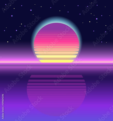 Sunrise, sunset. Retrowave, synthwave, rave, vapor, cuberpunk background. Futuristic dream. Yesterday’s tomorrow. Trendy retro 80s, 90s style. Black, purple, pink, blue colors. Banner, print wallpaper © Oksana Trygub