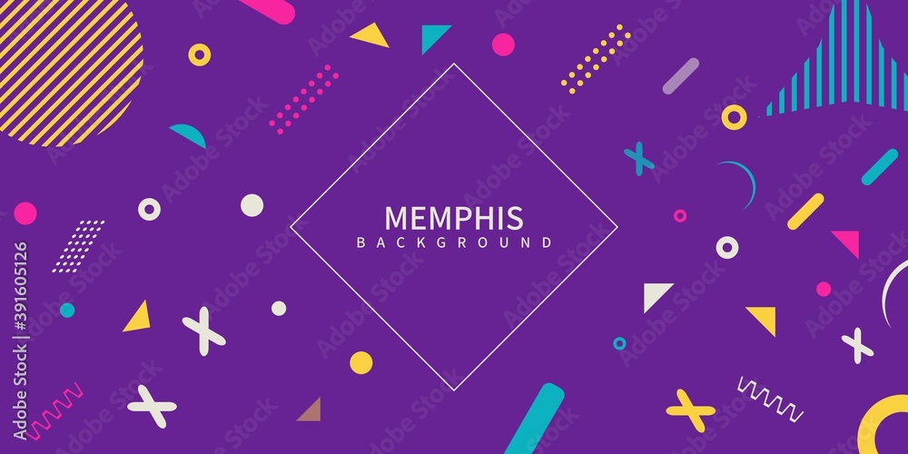 abstract Memphis style retro background with multicolored simple geometric shapes. Vector Illustration