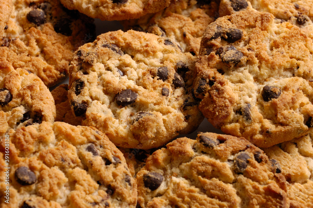 Close-up of appetizing chocolate chip cookies. Abstract food background