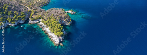 Obraz na plátně Aerial drone ultra wide panoramic photo of famous from Mamma Mia movie Three pin