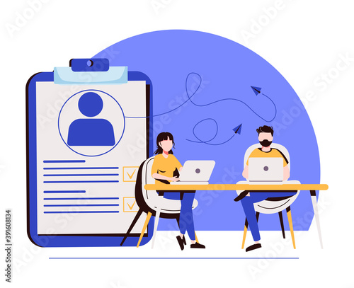 Employer meeting job applicant at pre-employment assessment. Employee evaluation, assessment form and report, performance review concept. 