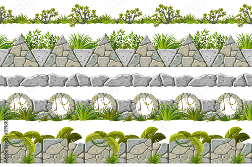 Set of seamless border old gray rock and grass. Vector stone sidewalks with leaves for computer games isolated on white background.