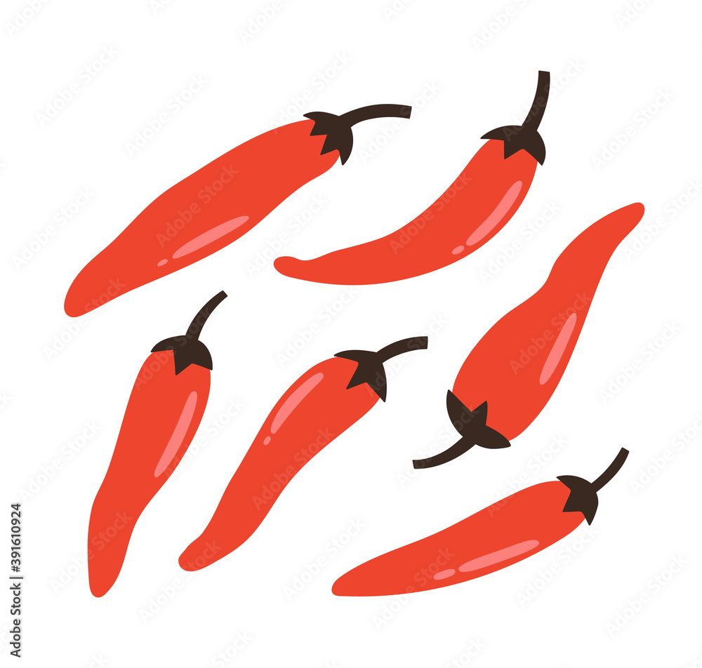 Vector illustration of red hot peppers. Set of hot peppers isolated on white background. Illustration of vegetables. Vegan concept. Suitable for illustrating healthy eating, recipes, local farm. Vector illustration of red hot peppers. Set of hot peppers isolated on white background. Illustration of vegetables. Vegan concept. Suitable for illustrating healthy eating, recipes, local farm.