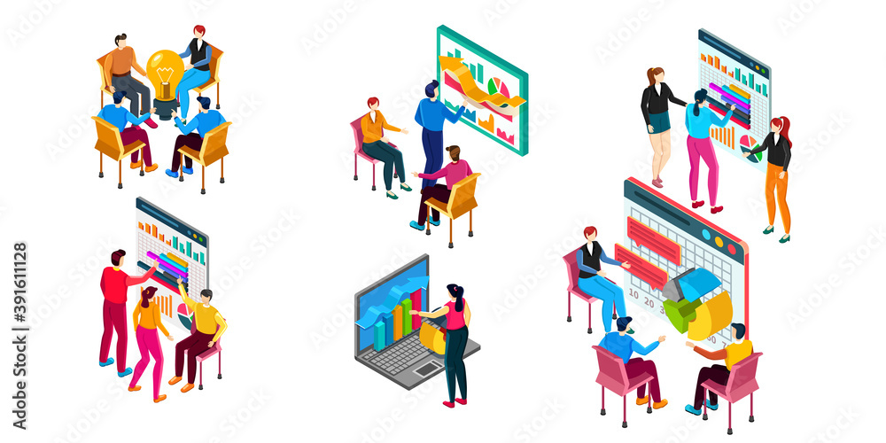 Qualitative Isometry a set of compositions for presentations and successful advertising for learning and coaching. Vector isometric concept.