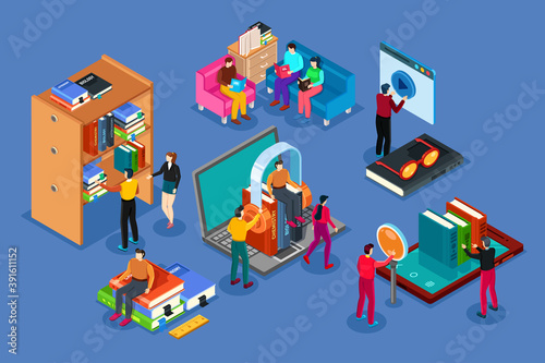 The concept of learning, read books in the classroom, isometric flat design vector. Isometric creative concept.