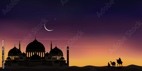 Mosque silhouette with Arab family and camel walking in desert sands in evening sunset with dark blue and pink sky,Islamic mosque at night with crescent moon and star shining,Ramadan Kareem background
