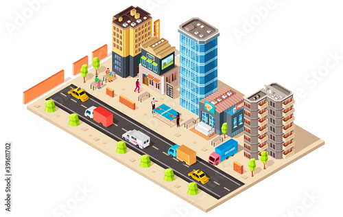 Vector isometric city creative illustration with skyscrapers  offices and stores