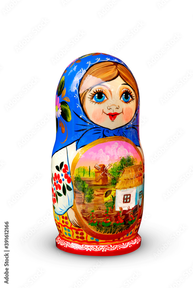 Russian matreshka or matryoshka, painted wooden  nesting doll isolated on white background