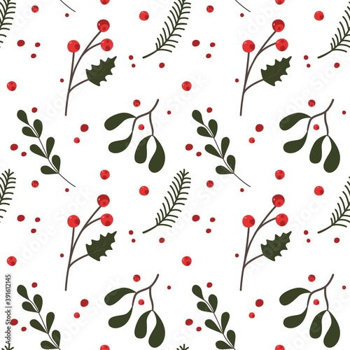 Wallpaper Mural Seamless pattern Merry Christmas and New Year with Mistletoe and Winter plants. Vector illustration. Torontodigital.ca