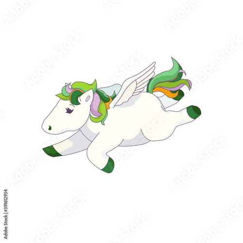Flying green-tailed Pegasus on white isolated background, vector stock illustration in Cartoon design style, concept of Greek Culture and Mythology, Fairytales and Fiction World, also Magical Animals.