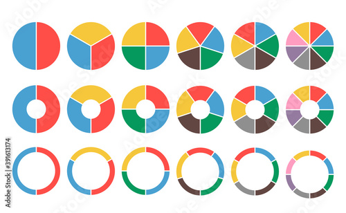 Large set of colored pie charts. 2,3,4,5,6,8 sections. Flat icons