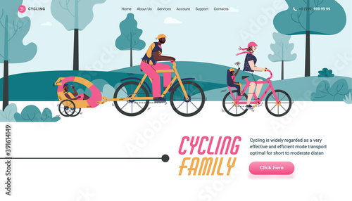 Website interface design with cycling family cartoon characters, flat vector illustration. Family travel on bike and bicycle rides around the city web banner.