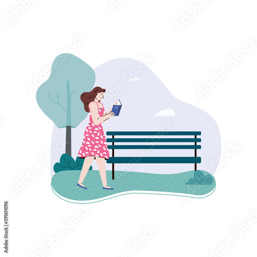 Girl walks through park and reads book. Fan of literature with an interesting book or student with textbook. Leisure, hobby or study for women. Vector illustration.