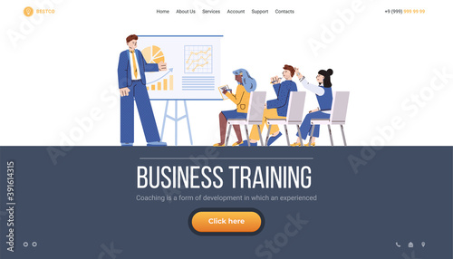 Business training website template with group of people listening to business trainer, flat cartoon vector illustration. Education and skilling seminar website.