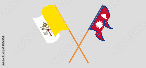 Crossed and waving flags of Vatican and Nepal