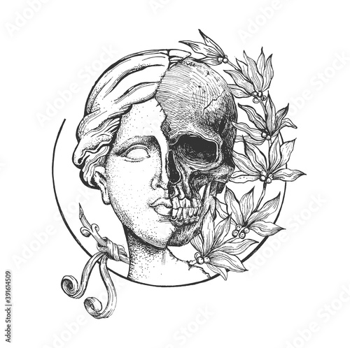 Venus head and skull with flowers