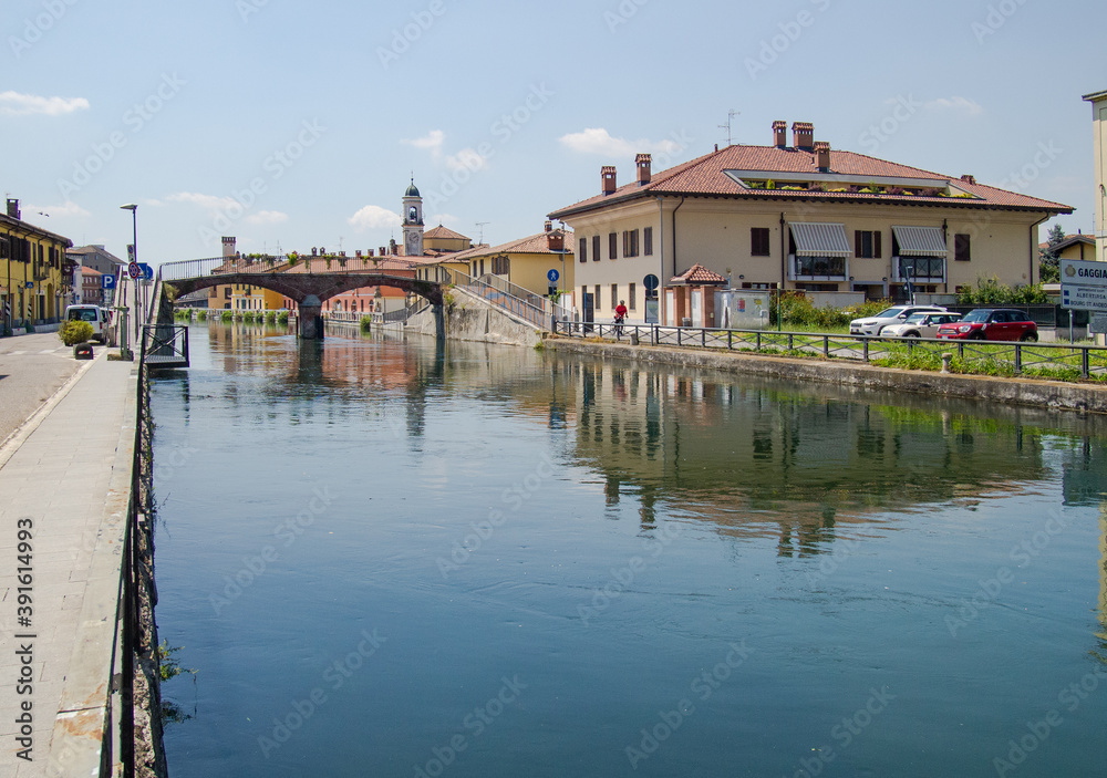 typical Lombard village overlooking the navigable canal leading to Milan.Gaggiano, Lombardy, Italy
