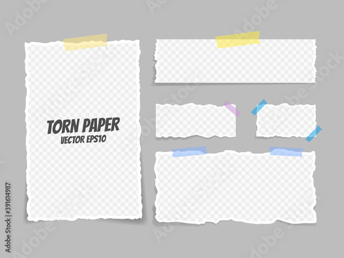 Set of torn paper affixed with duct tape. Paper waste. Torn paper, torn sheets and a sheet of paper for notes. Vector illustration.