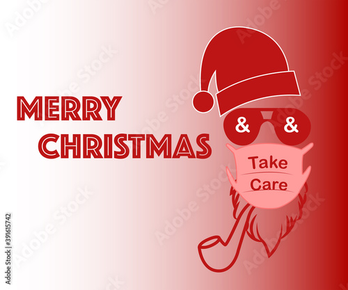 Merry Christmas background with Santa Claus with medical mask and Take Care text on it. Vector winter holidays illustration