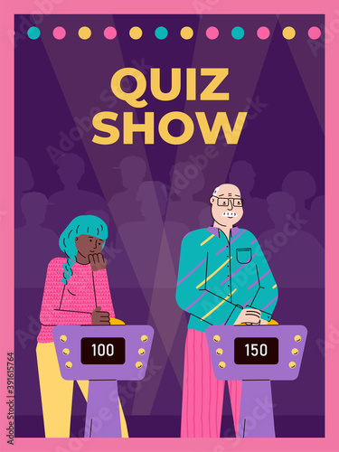 Television studio with players guessing quiz questions in intellectual game show. Live broadcast or recording erudite show with participants and viewers. Vector illustration.