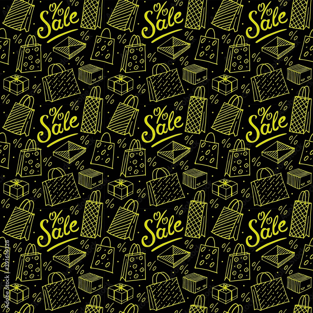 Seamless pattern from shopping bags, boxes, sales