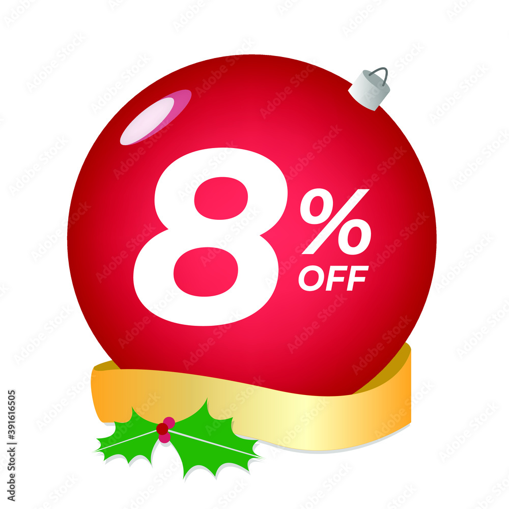 8% off. Eight percent discount. Christmas sale banner. Red bubble with ornaments on a white background vector. 8% off. Eight percent discount. Christmas sale banner. Red bubble with ornaments on a white background vector.