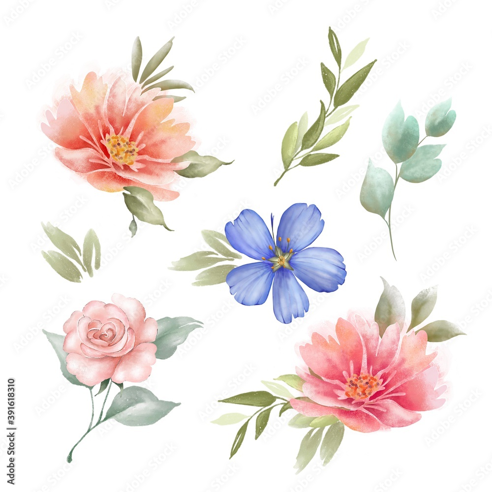 Obraz zestaw delikatnych kwiatów i liści ilustracja na białym tle. ręcznie malowane na zaproszenia ślubne, wystrój i projekt